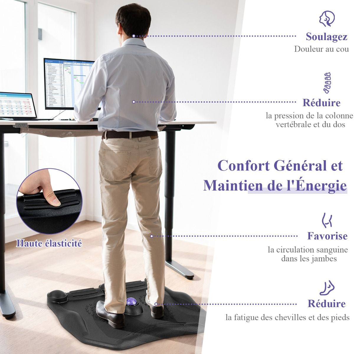 Tapis Anti-Fatigue Tapis De Bureau Debout Ergonomique Avec Points De Massage Idéal Pour Cuisine Domicile Charge 150 Kg Noir